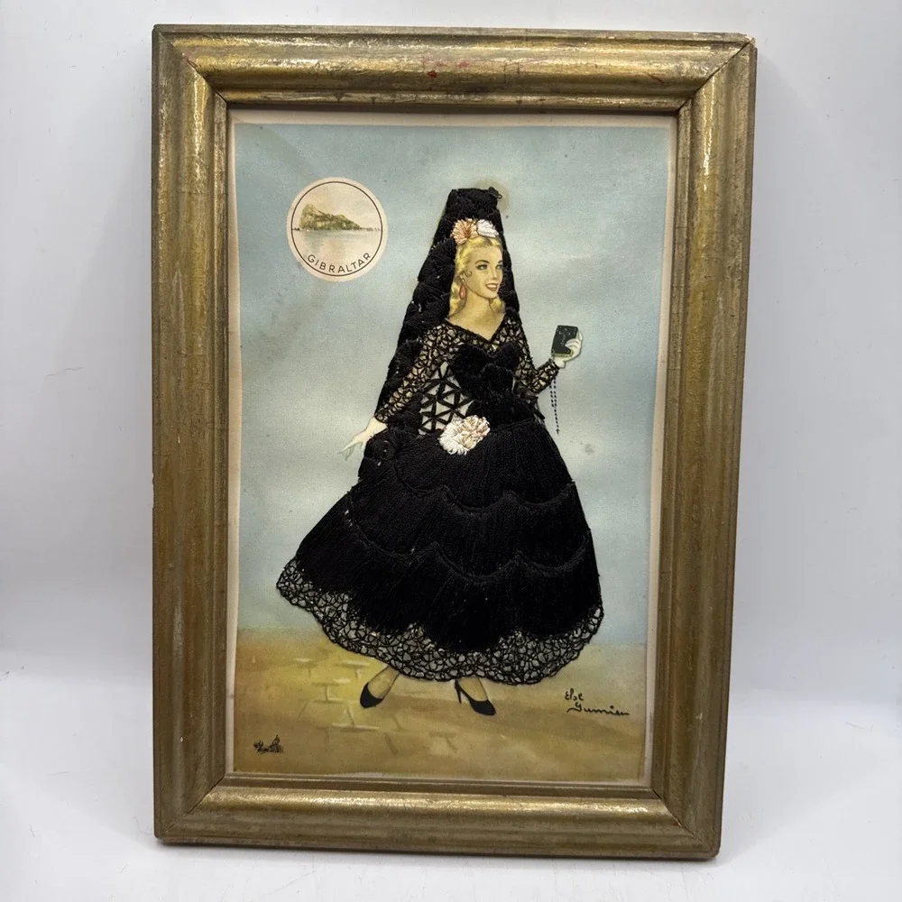 Antique Embroidered Framed Picture Women In Black Gown Signed
